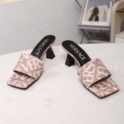 VERSACE New Canvas Jacquard Pattern Open Toe High Heel Mules - Image 5