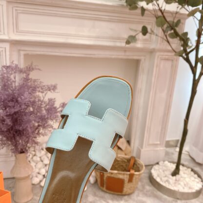 Hermes Palm Print Summer Classic Cowhide Light Blue Block Heel Sandals - Image 3