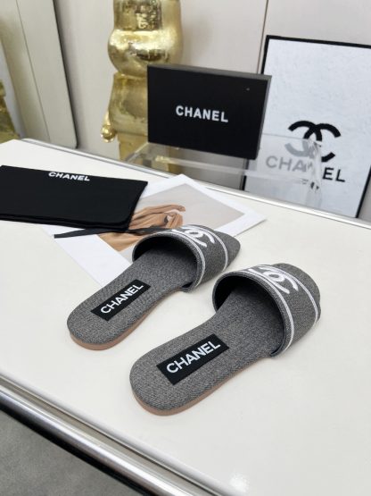 Chanel Grey New Fabric Lambskin Slippers - Image 5