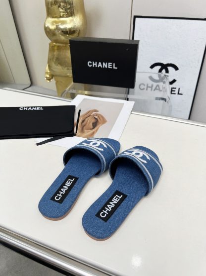 Chanel dark blue new fabric sheepskin slippers - Image 5