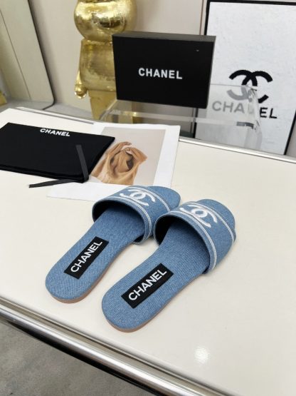 Chanel Light Blue New Fabric Sheepskin Slippers - Image 5