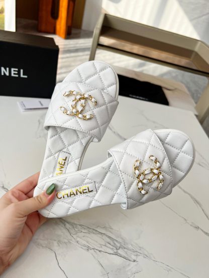 Chanel White New Fabric Lambskin Slippers - Image 5