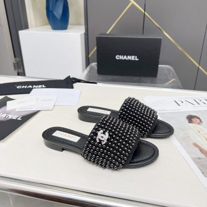 Chanel Spring/Summer Black Dance Shoes Collection Sewn Pearl Vintage Slippers - Image 5