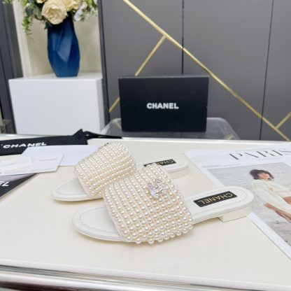 Chanel Spring/Summer White Dance Shoes Collection Sewn Pearl Vintage Slippers - Image 5