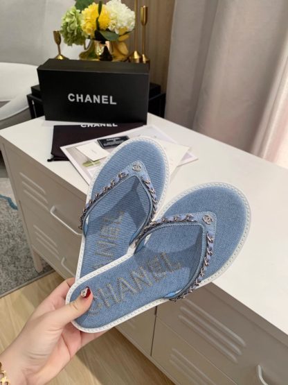 Chanel Spring New Denim Blue Chain Flip Flops - Image 5
