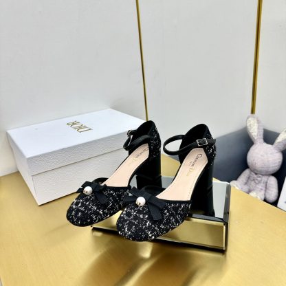 Dior pearl buckle chunky heel bowknot high heels - Image 5