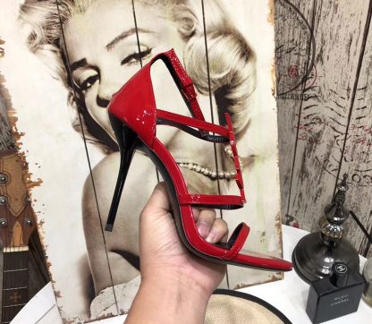 YSL Bright Red Logo Letter Metal Buckle Decorative High Heel Sandals - Image 6