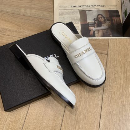 Chanel spring and summer new white brick buckle letter advanced and durable lazy half slippers - Image 6