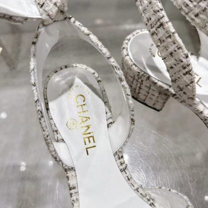 Chanel black and white spring and summer new embroidered Linge classic sandals heel height 5cm - Image 6
