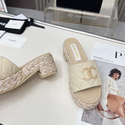 Chanel denim apricot spring and summer dancing shoes series slimming sandals with a heel height of 6.5cm - Image 6