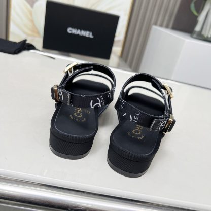 Chanel Spring and Summer Dance Shoes Series New Black Chunky Heel White Printed Sandals Heel Height 2cm - Image 6