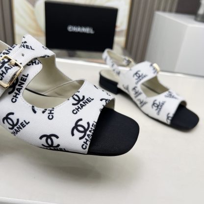 Chanel Spring and Summer Dance Shoes Series New White Chunky Heel Black Print Sandals Heel Height 2cm - Image 6