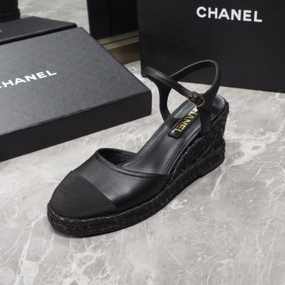 Chanel black hemp rope outsole wedge heel fashionable sandals heel height 7cm - Image 6