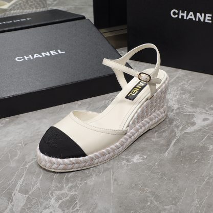 Chanel beige contrast color hemp rope wedge heel fashionable sandals heel height 7cm - Image 6