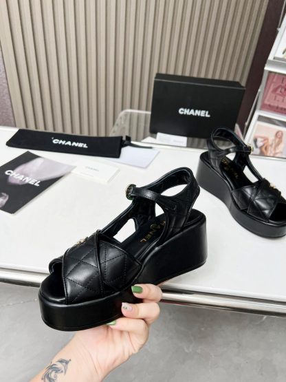 Chanel black platform wedge heel thick-soled summer sandals - Image 5