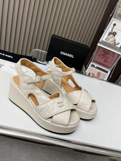 Chanel white platform wedge heel thick-soled summer sandals - Image 4