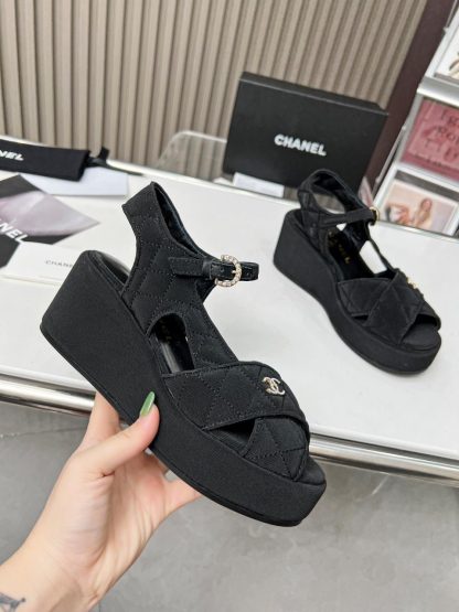 Chanel Black Matte Platform Wedge Heel Thick-soled Summer Sandals - Image 4