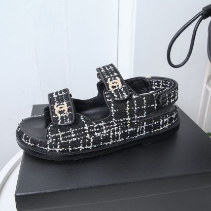 Chanel Temperament Denim Black and White Mixed Color Sandals - Image 6