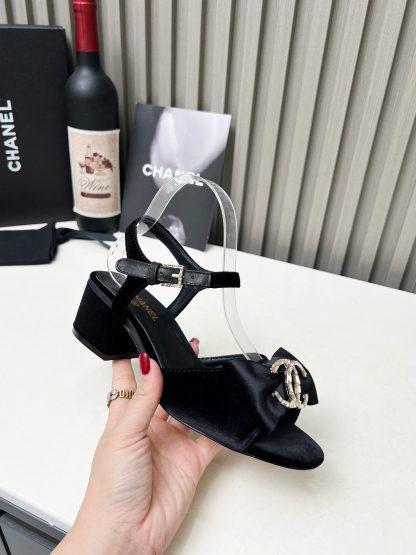 Chanel black velvet material spring and summer celebrity temperament super durable thick heel sandals - Image 5
