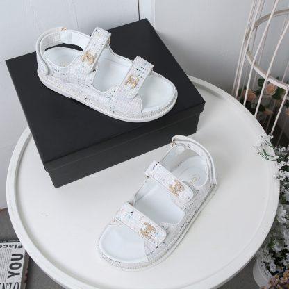 Chanel White Check Design Classic Velcro Sandals - Image 6