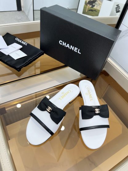 Chanel Spring and Summer White with Cute Bow Flat Sandals - Image 5