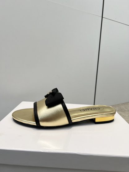 Chanel Spring and Summer Gold with Cute Bow Flat Sandals - Image 5
