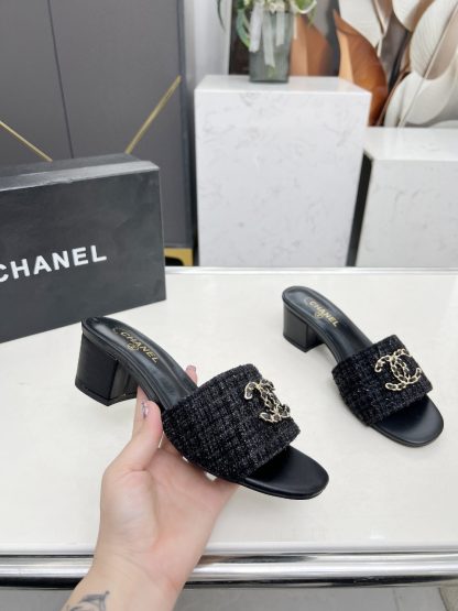 Chanel 2025 new black fabric sheepskin thick heel sandals - Image 6