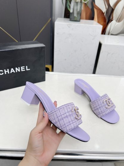 Chanel 2025 new purple fabric sheepskin thick heel sandals - Image 6