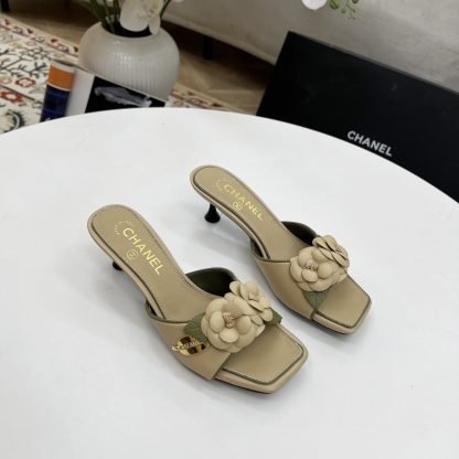 Chanel Spring and Summer Dancing Shoes Series Apricot Small Square Toe Camellia Stiletto Fashion Sandals - Image 6