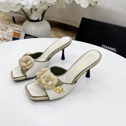 Chanel Spring and Summer Dancing Shoes Series White Small Square Head Camellia Stiletto Fashion Sandals - Image 6