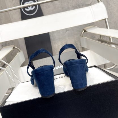 Chanel thick heel square toe color matching dark blue all-match high heel sandals - Image 6