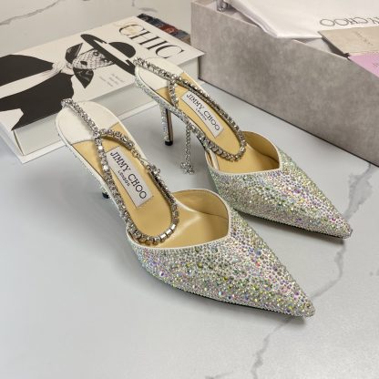 Jimmy Choo Classic Diamond Chain Pointed Crystal High Heel Sandals - Image 6