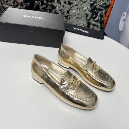 Chanel Early Spring Dance Shoes Series Small Round Toe Slim Gold Loafers - Image 6