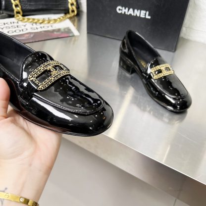 Chanel Early Spring Dance Shoes Series Small Round Toe Black Shiny Loafers Heel Height 3cm - Image 6
