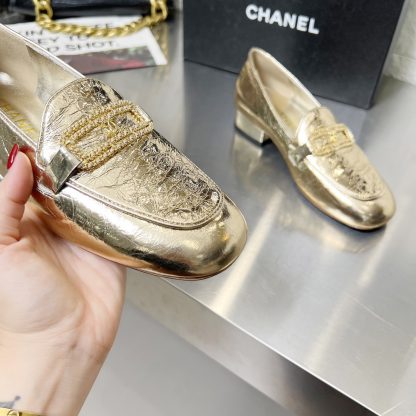Chanel Early Spring Dance Shoes Series Small Round Head Gold Loafers Heel Height 3cm - Image 5