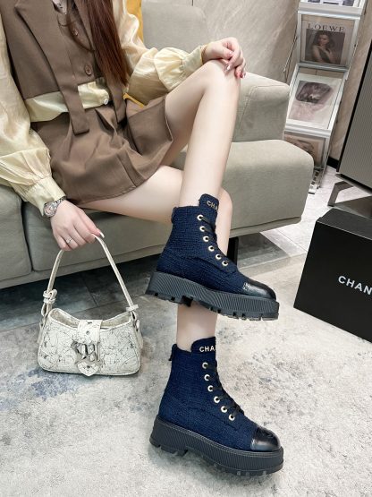 Chanel autumn and winter new dark blue strap design non-slip boots - Image 4