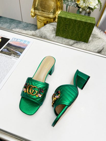 Gucci spring and summer new GG rhinestone buckle round toe thick heel slippers - Image 6