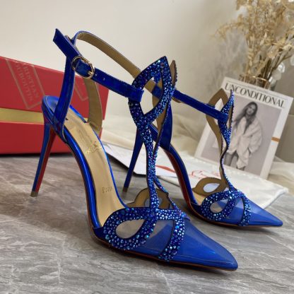 Christian Louboutin Crystal Studded Fine High Heels with Mesh Pointed Toe - Image 6