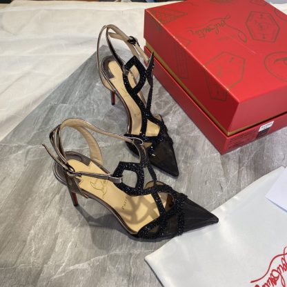 Christian Louboutin Crystal Studded Fine High Heels with Mesh Pointed Toe - Image 6