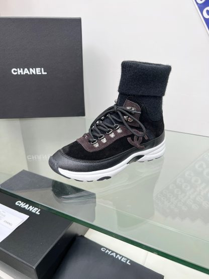 Chanel black and brown mixed socks leather casual sneakers - Image 4