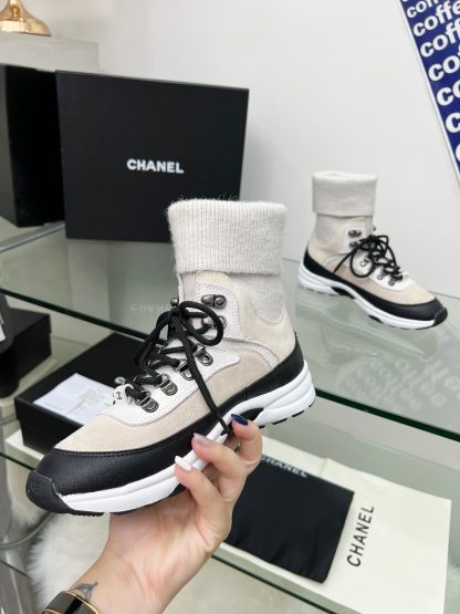 Chanel apricot black mixed socks leather casual sneakers - Image 5