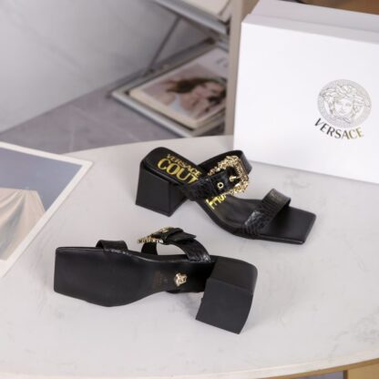 VERSACE Fashion Square Toe Chunky Heel Sandals High Heels - Image 6