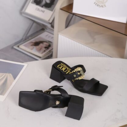 VERSACE Fashion Square Toe Chunky Heel Sandals High Heels - Image 6