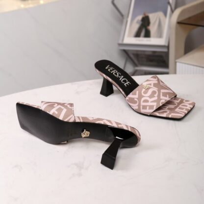 VERSACE New Canvas Jacquard Pattern Open Toe High Heel Mules - Image 6