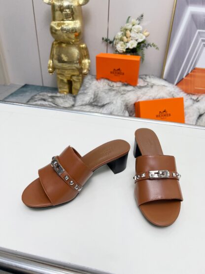 Hermès new spring and summer brown thick-heeled sandals, heel height 5cm - Image 6