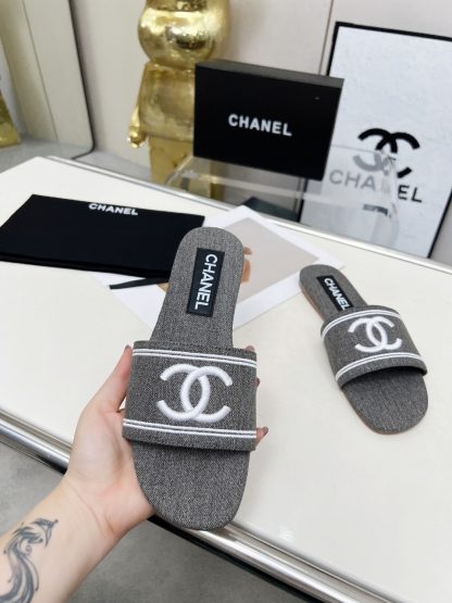 Chanel Grey New Fabric Lambskin Slippers - Image 6