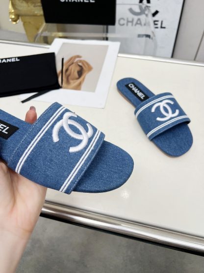 Chanel dark blue new fabric sheepskin slippers - Image 6