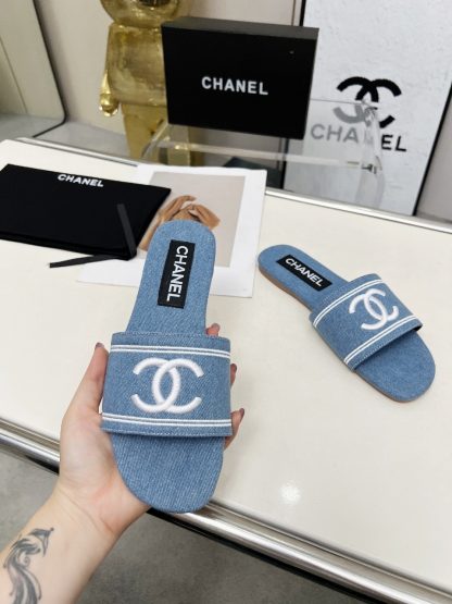 Chanel Light Blue New Fabric Sheepskin Slippers - Image 6