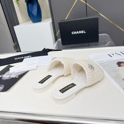 Chanel Spring/Summer White Dance Shoes Collection Sewn Pearl Vintage Slippers - Image 6