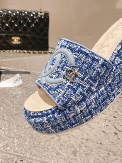 Chanel summer classic blue double c design stylish and comfortable slippers front 3cm back 7cm - Image 6